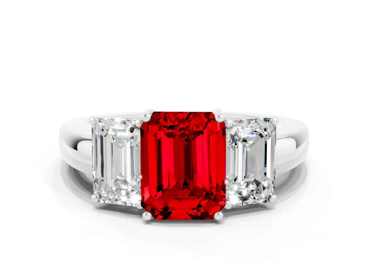 Emerald Cut Ruby Three-Stone Ring with Four-Prong Setting and Classic Band Silver