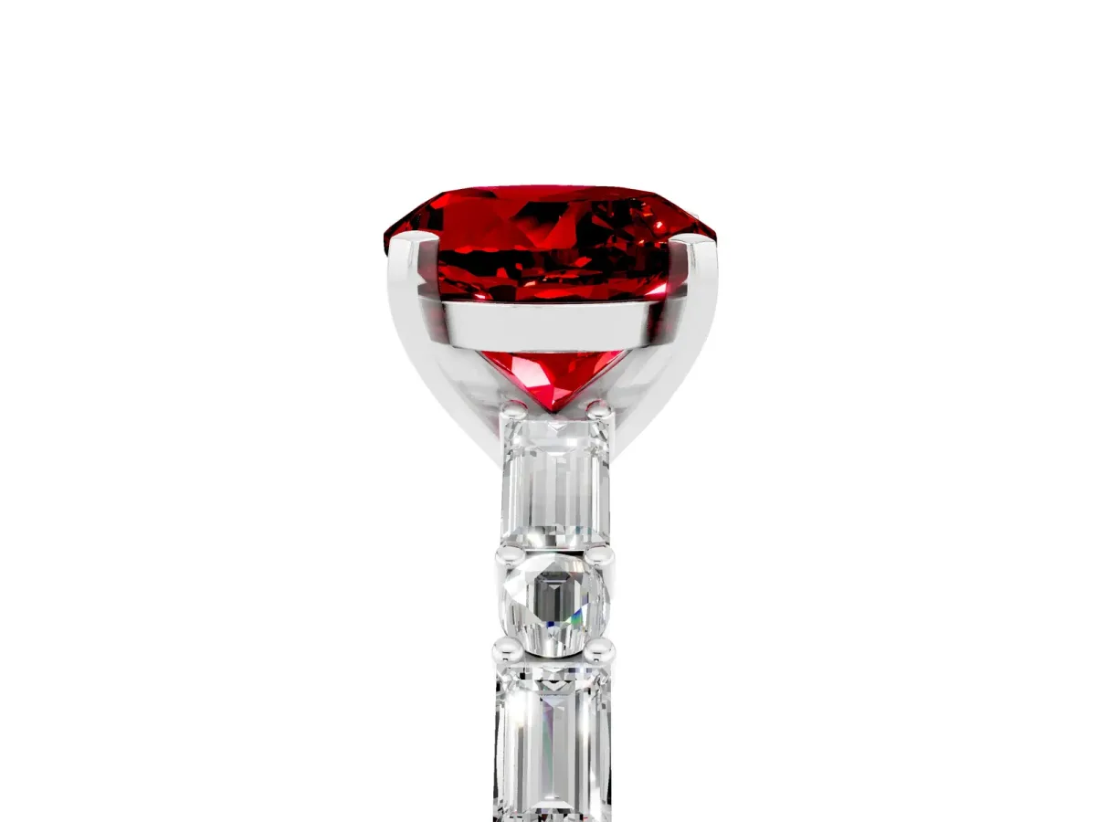 Round Cut Ruby Solitaire with Side Baguettes and Channel Set Band Platinum