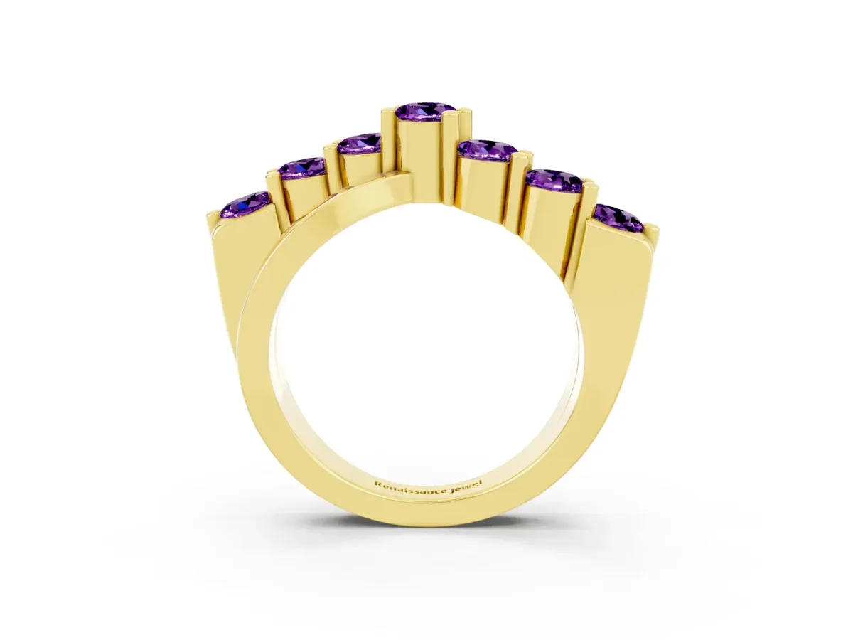 Round Amethyst Prong-Set Crossover Band Yellow gold