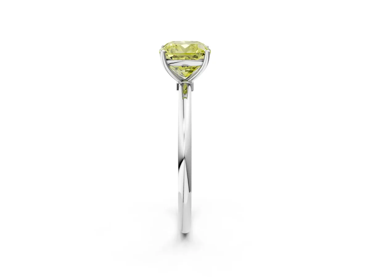 Fancy Yellow Cushion Cut Cut Solitaire Engagement Ring with Thin Band and Four-Prong Setting Silver