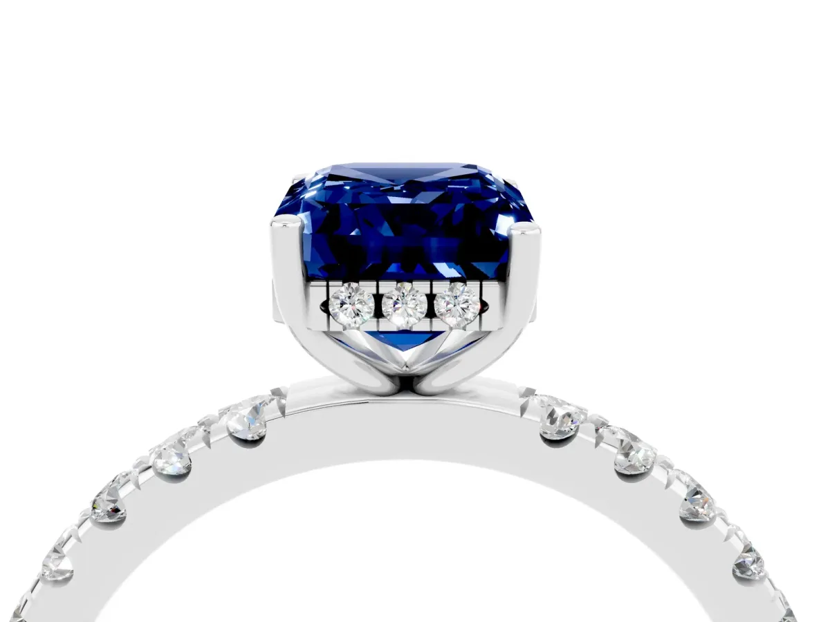 Emerald Cut Blue Sapphire Pave Band Solitaire Ring with Round and Prong Setting Platinum