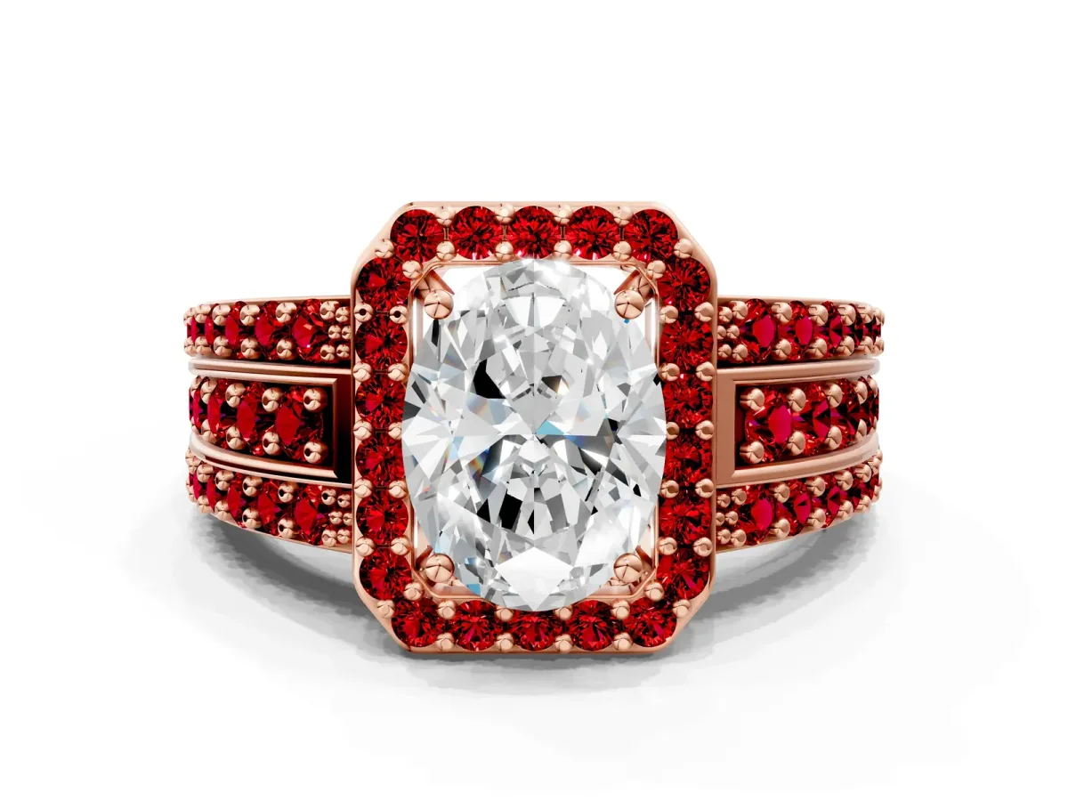 Oval Cut Halo Diamond Ring with Round Ruby Split Shank and Prong Setting Rose gold
