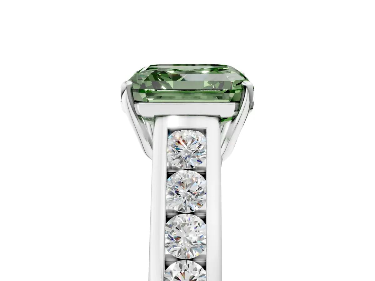 Fancy Green Asscher Cut Solitaire Channel-Set Diamond Engagement Ring with Four-Prong Setting Platinum