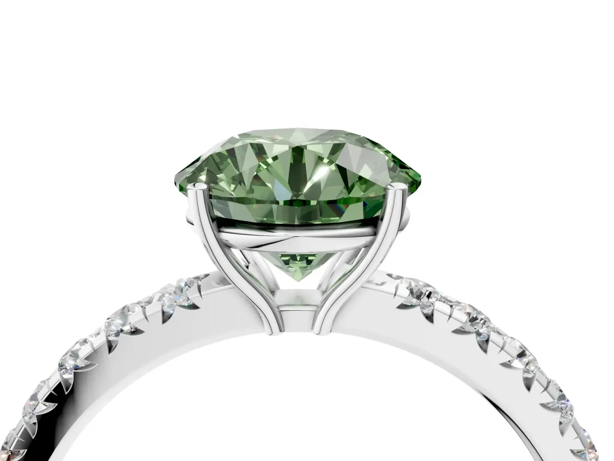 Fancy Green Round Cut Diamond Pavé Solitaire Engagement Ring with Four-Prong Setting Silver