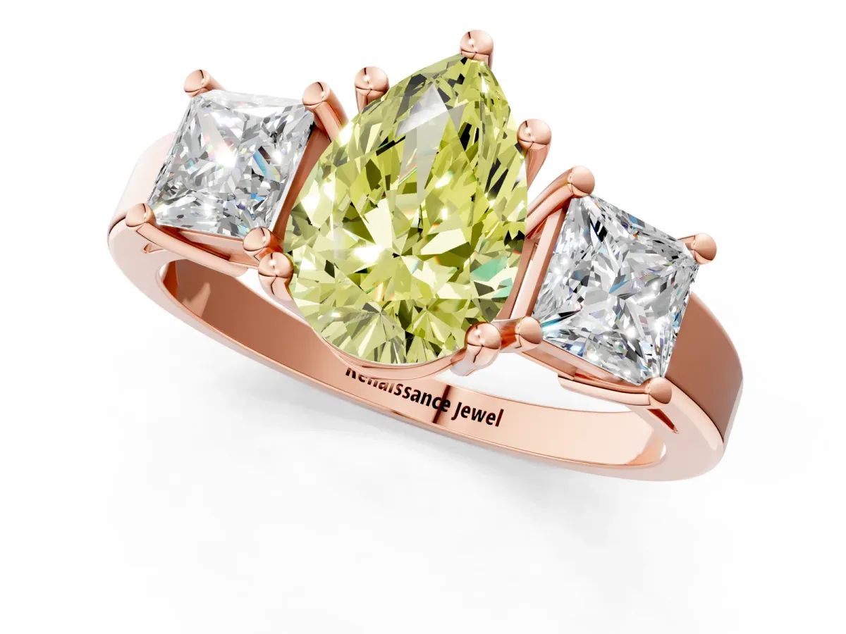 Fancy Yellow Three-Stone Pear Cut Cut Solitaire Ring with Prong Setting Rose gold