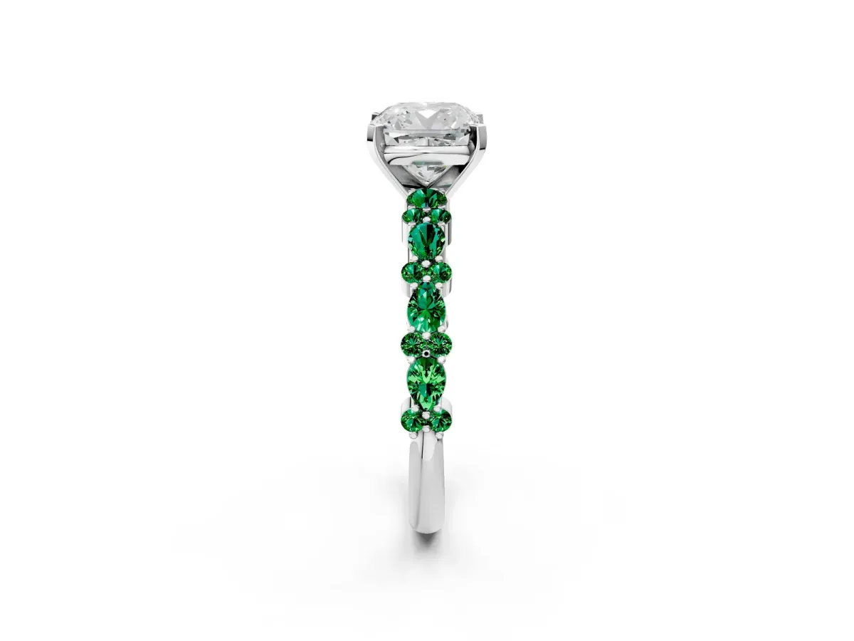 Cushion Cut Diamond Side Stone Solitaire Ring with Round Emerald and Four-Prong Setting Platinum