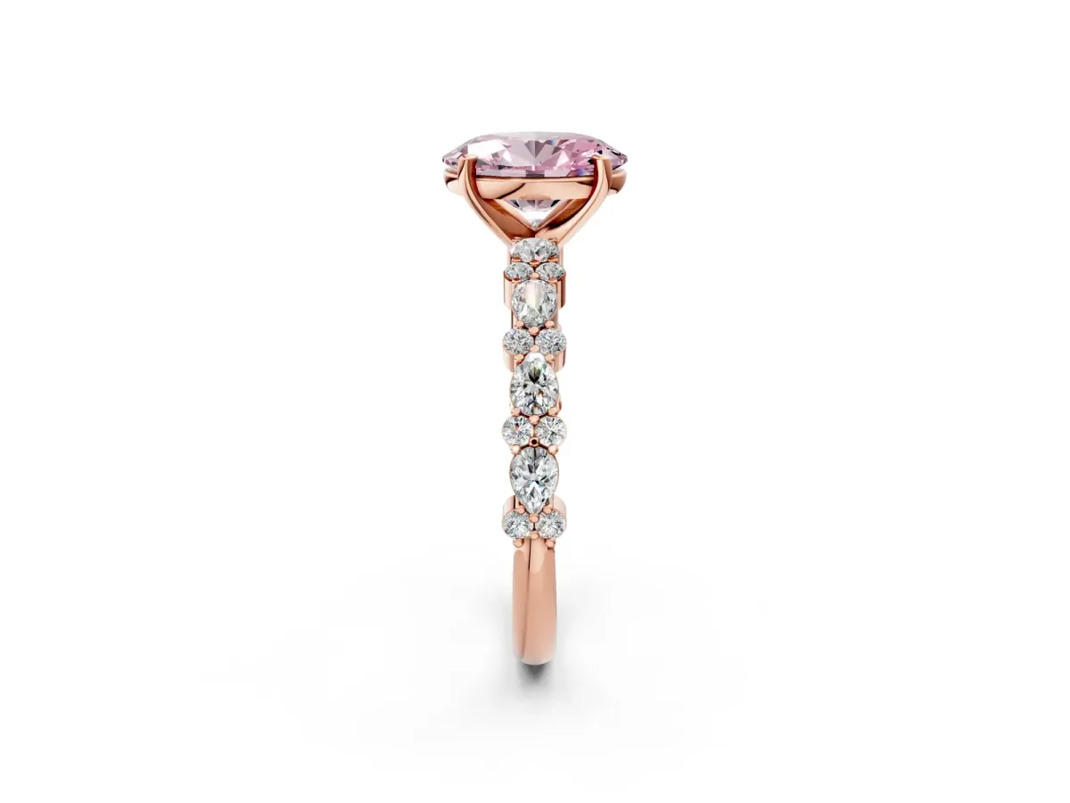Fancy Pink Oval Cut Diamond Side Stone Solitaire Ring with Round and Four-Prong Setting Rose gold