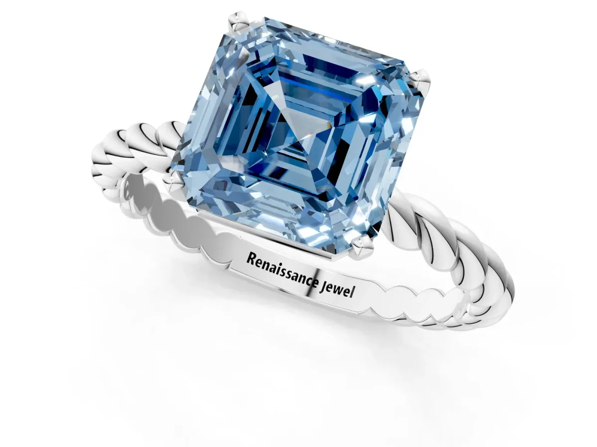 Fancy Blue Asscher Cut Cut Solitaire Twisted Band with Four-Prong Setting Platinum
