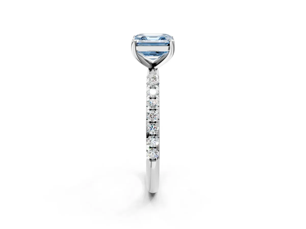 Fancy Blue Asscher Cut Cut Diamond Solitaire Ring with Micro Pave Band and Four Prong Setting Platinum