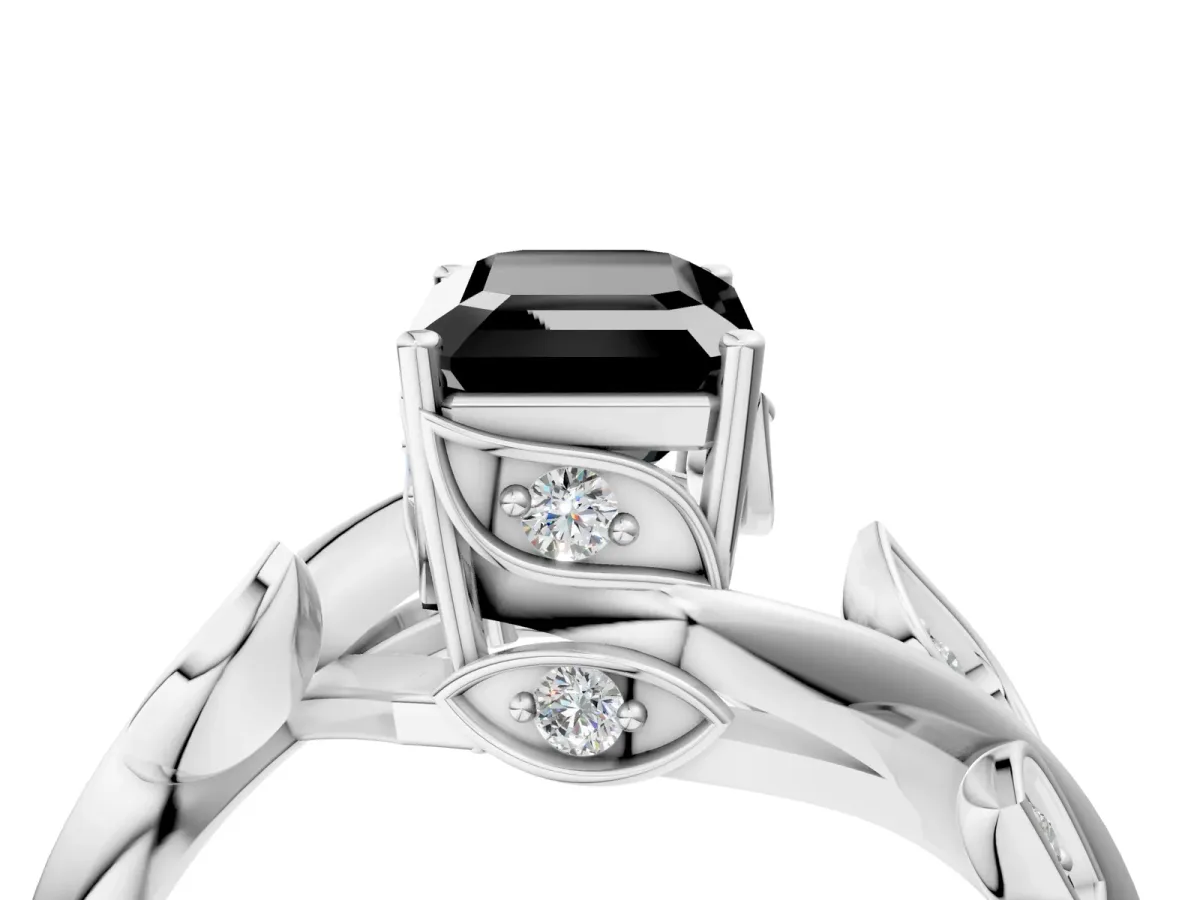Fancy Black Emerald Cut Solitaire Twist Engagement Ring with Leaf Accents and Prong Setting Silver