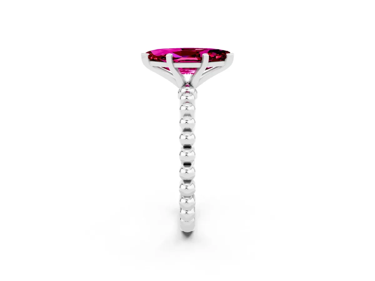 Marquise Cut Garnet Solitaire Ring with Beaded Band and Prong Setting Platinum