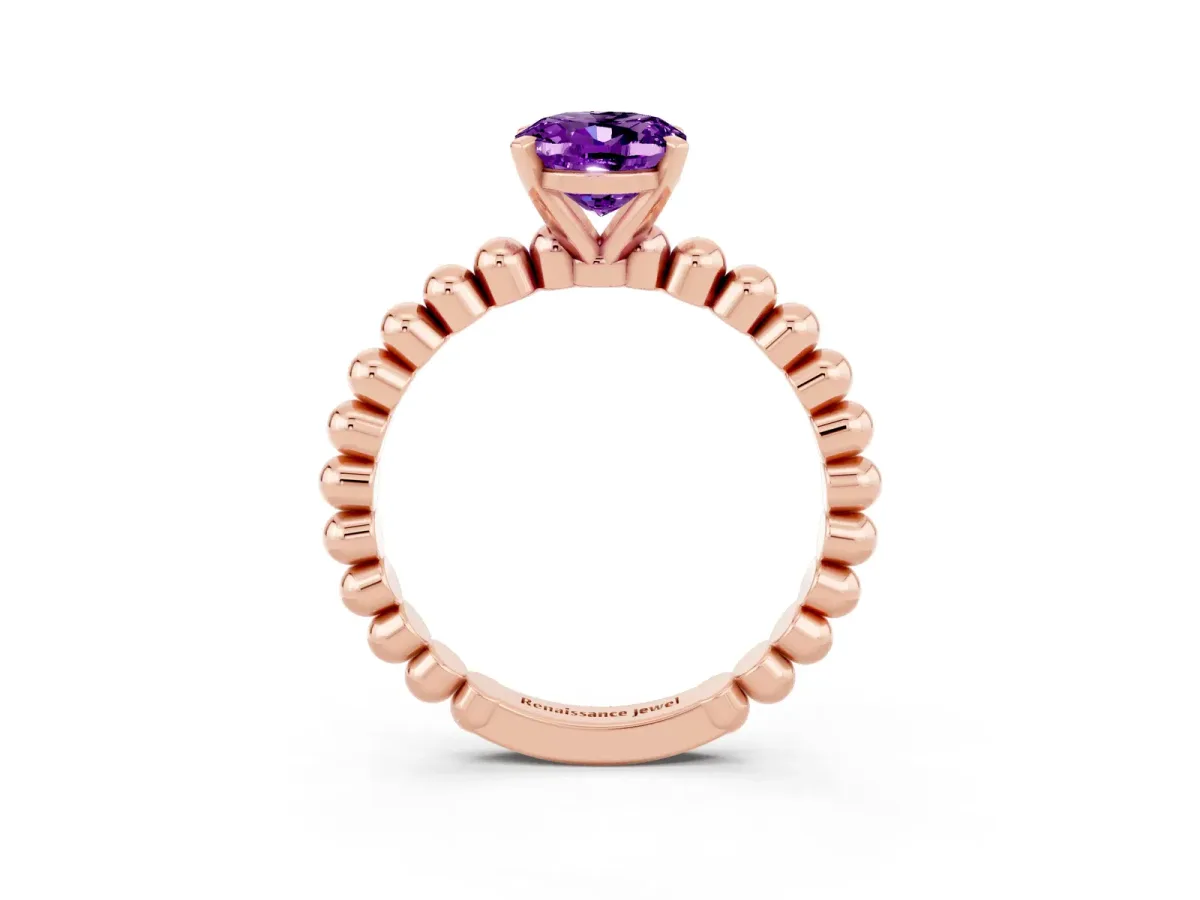 Oval Cut Amethyst Solitaire Ring with Beaded Band and Prong Setting Rose gold