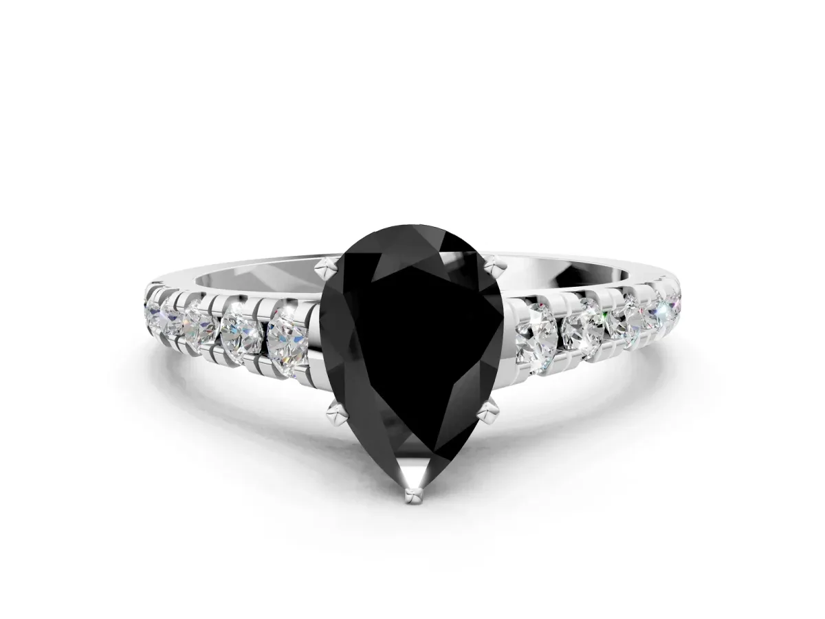 Fancy Black Pear Cut Diamond Cathedral Solitaire Ring with Round Pavé Band Silver