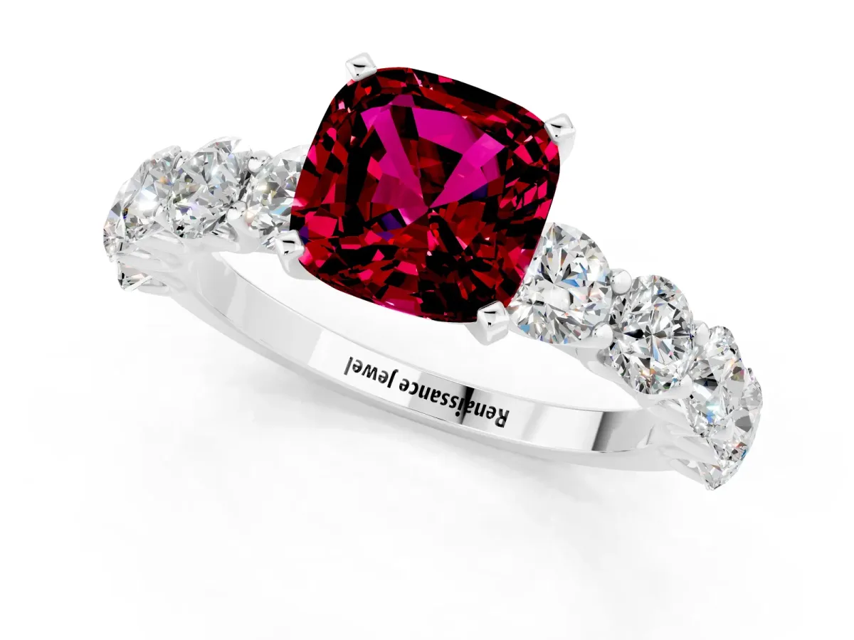Cushion Cut Garnet Prong Setting with Side Stones on a Pave Band Silver