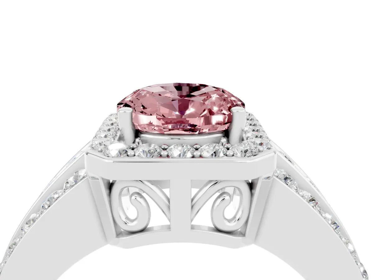 Oval Cut Halo Morganite Ring with Round Split Shank and Prong Setting Silver