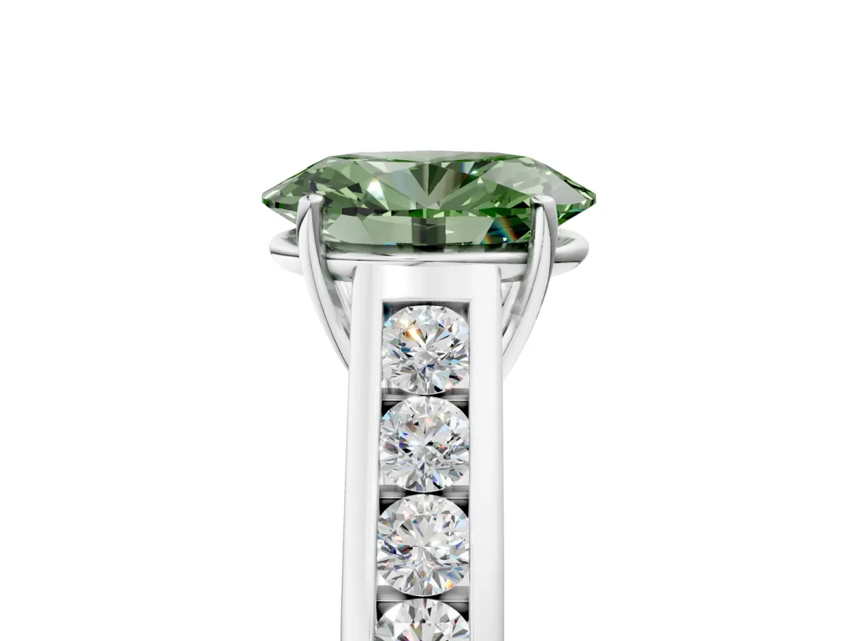 Fancy Green Oval Cut Brilliant Channel-Set Solitaire Ring with Four-Prong Setting White gold