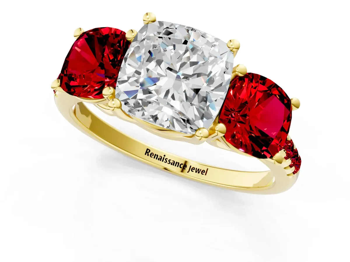 Three-Stone Cushion Cut Diamond Ring with Round Ruby Pavé Band and Prong Setting Yellow gold
