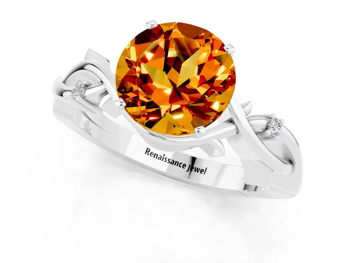 Round Cut Citrine Solitaire Ring with Twisted Band and Prong Setting Platinum