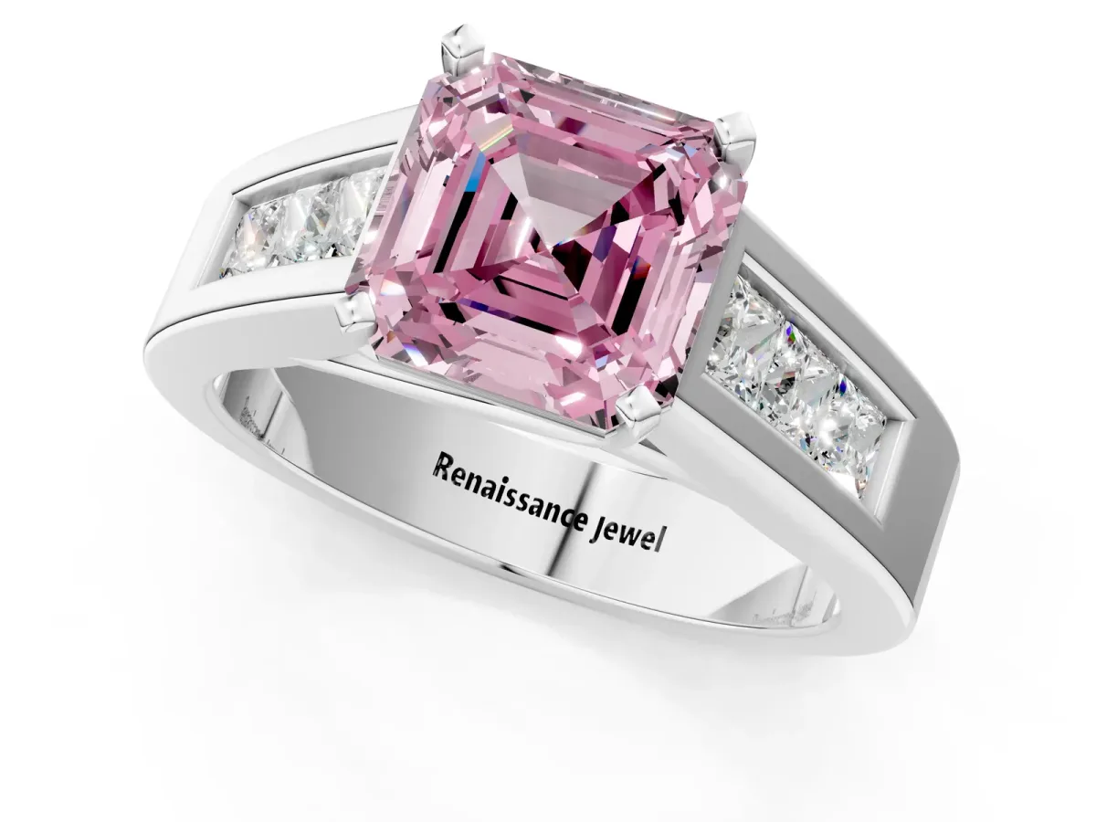 Fancy Pink Asscher Cut Cut Channel Set Solitaire Ring with Four-Prong Setting Platinum