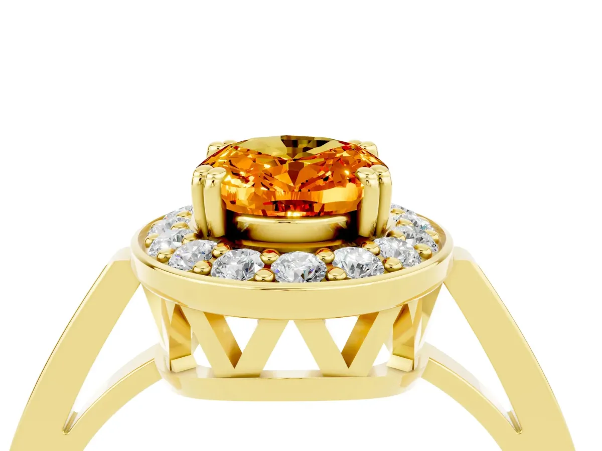 Oval Cut Citrine Halo Ring with Split Shank and Four-Prong Setting Yellow gold