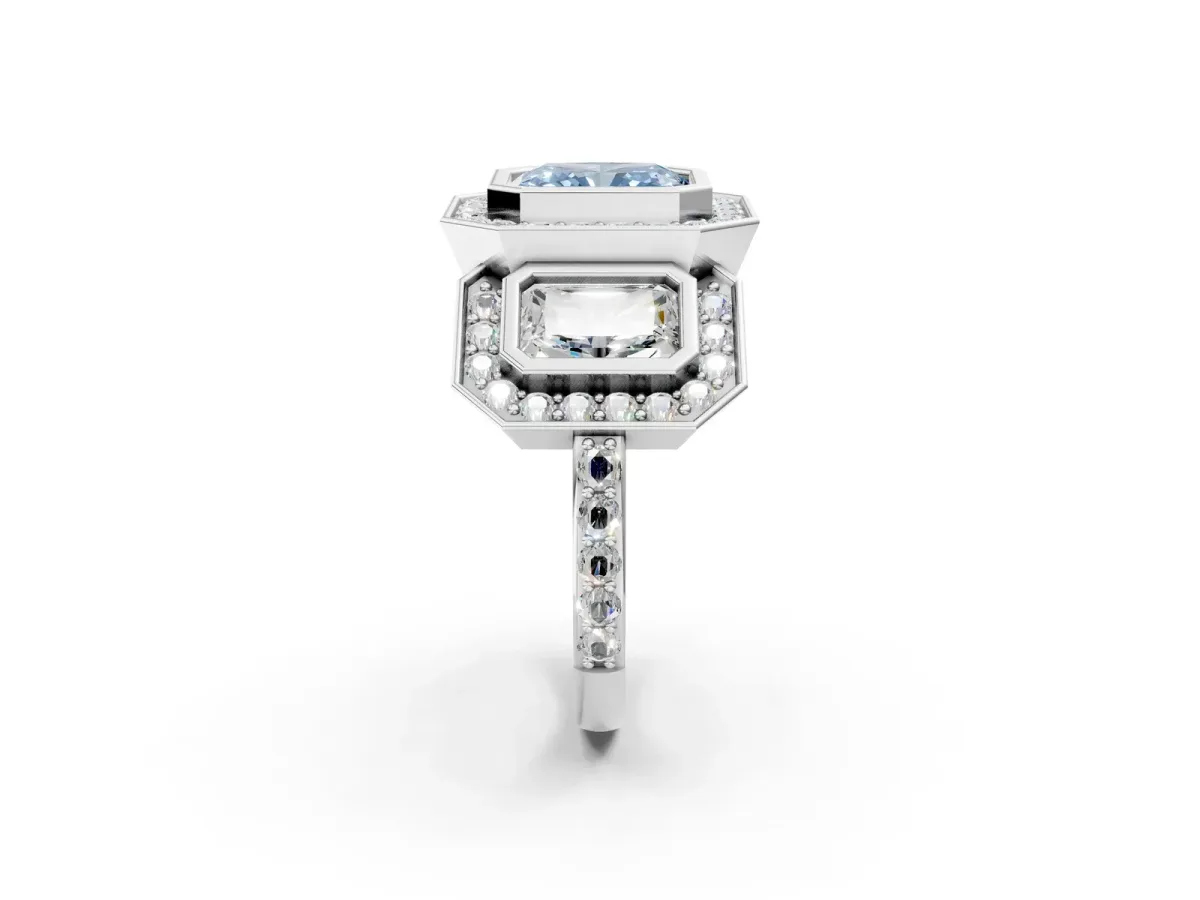 Fancy Blue Three-Stone Radiant Cut Halo Pavé Diamond Ring Platinum