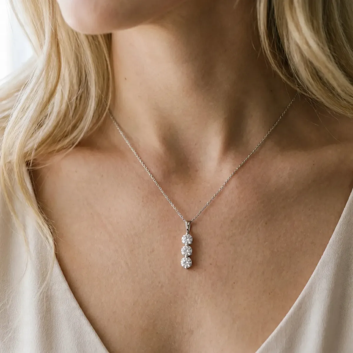 Three-Stone Round Diamond Drop Pendant with Four-Prong Setting Silver