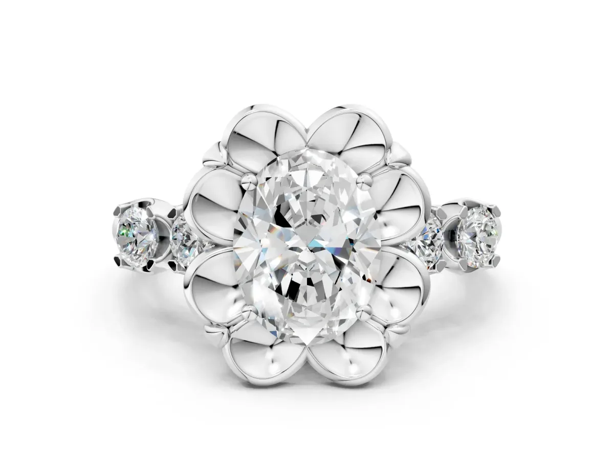 Oval Cut Cut Diamond Floral Halo Engagement Ring with Shared Prong Setting Silver