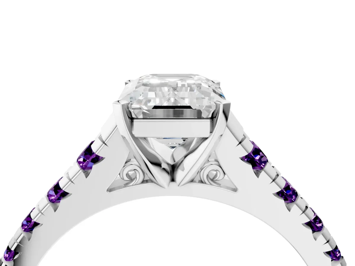 Emerald Cut Diamond Cathedral Solitaire Ring with Round Amethyst Pavé Band Platinum