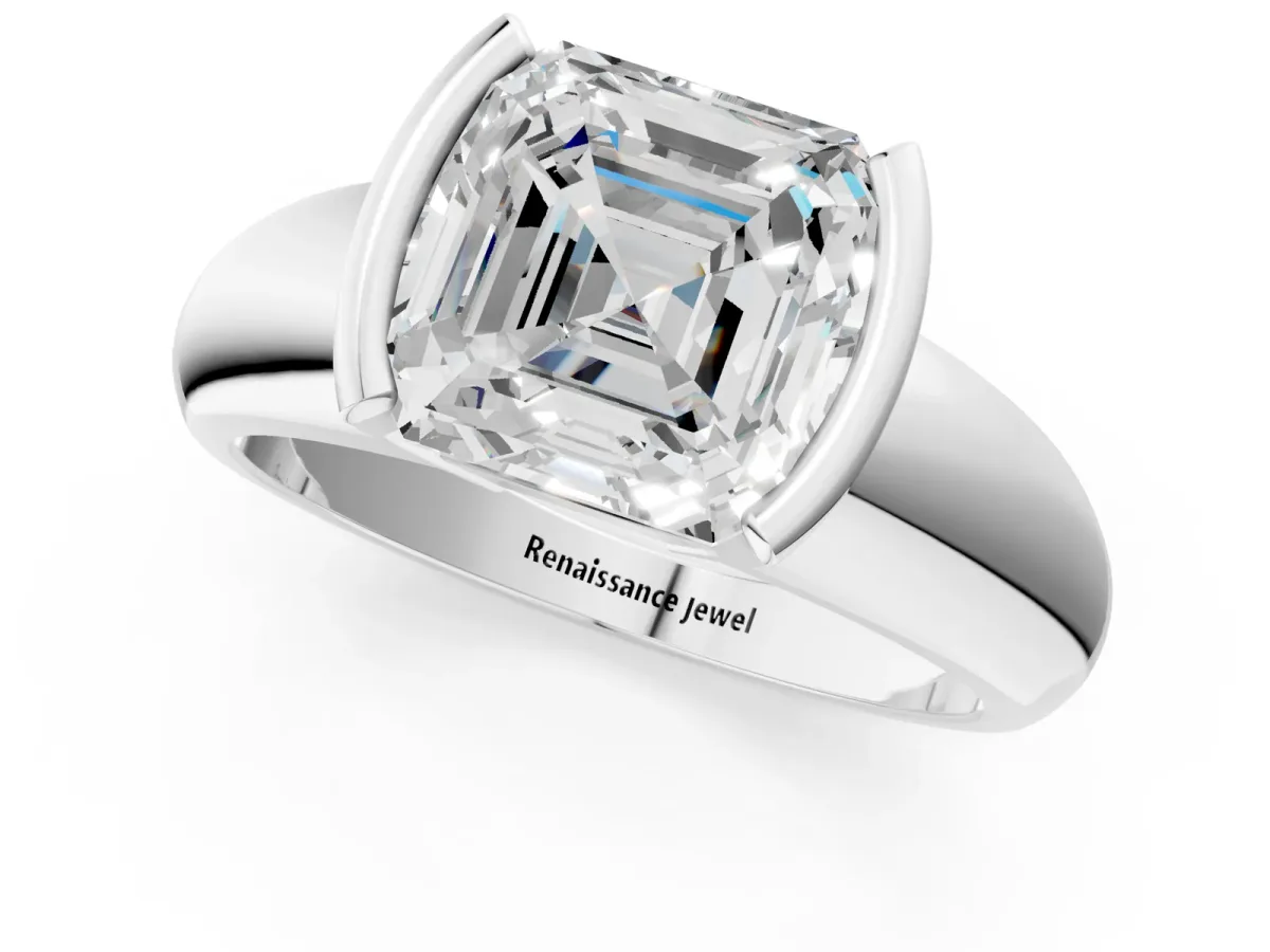 Asscher Cut Solitaire Tension Set Diamond Ring with Wide Band Platinum