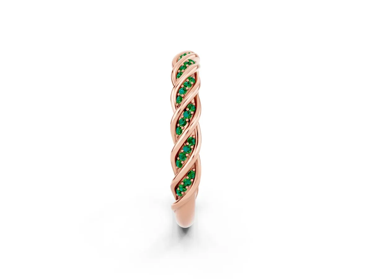 Twisted Pavé Round Emerald Eternity Band with Shared Prong Setting Rose gold