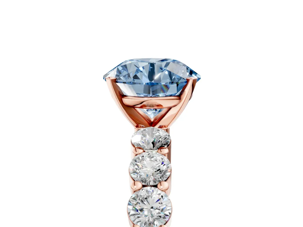 Fancy Blue Round Cut Diamond Solitaire Ring with Shared Prong Round Side Stones Rose gold