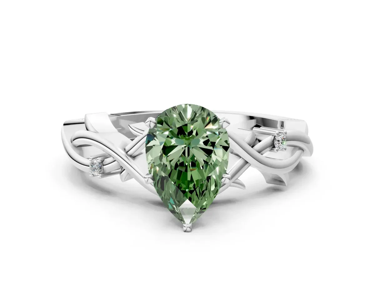 Fancy Green Pear Cut Diamond Solitaire Ring with Twisted Band and Prong Setting Silver