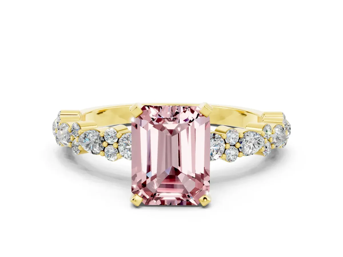 Emerald Cut Morganite Side Stone Solitaire Ring with Round and Four-Prong Setting Yellow gold