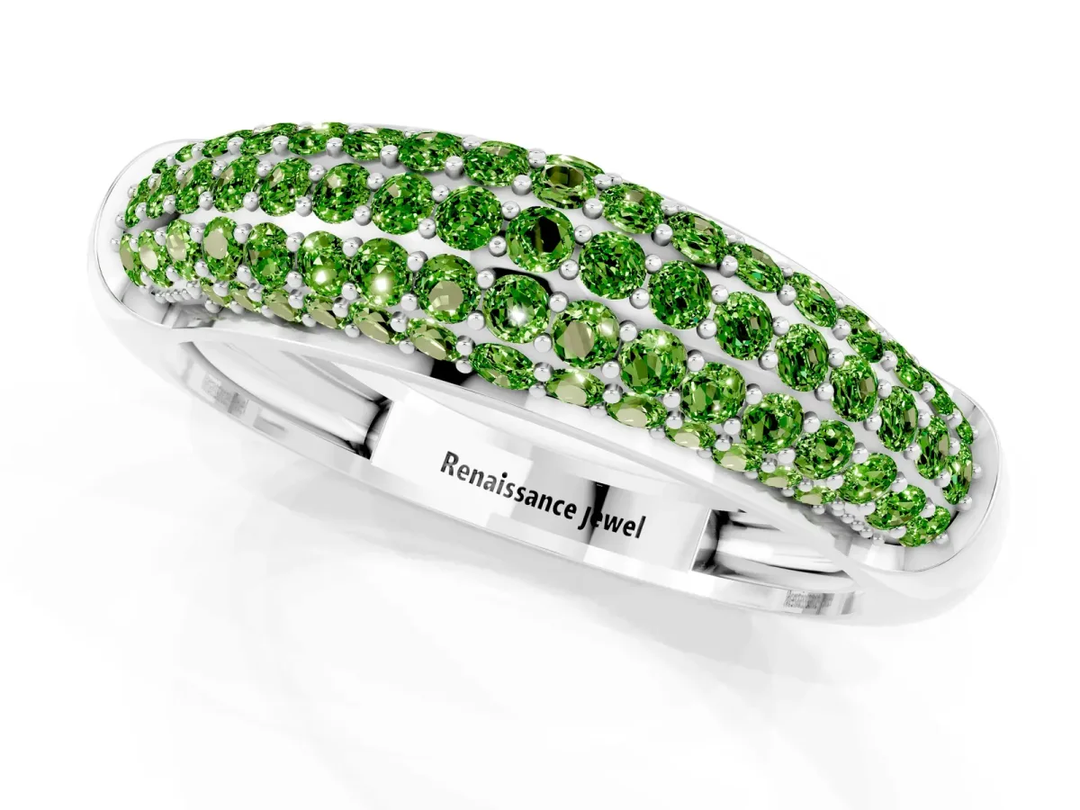 Three-Row Pavé Round Peridot Dome Band White gold