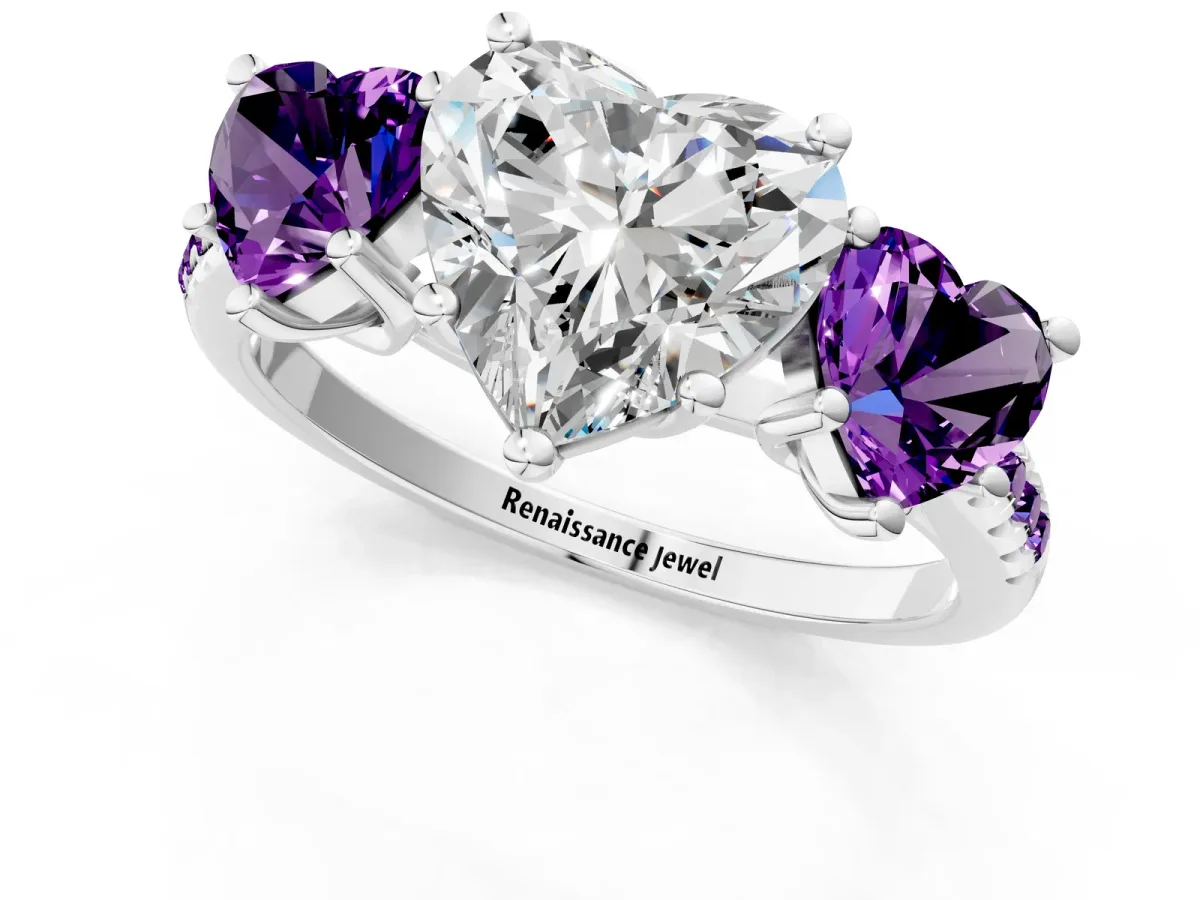 Three-Stone Heart Cut Diamond Ring with Round Amethyst Pavé Band and Prong Setting Silver