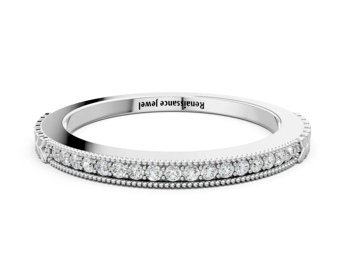 Round Cut Diamond Pavé Set Milgrain Edge Eternity Band Silver