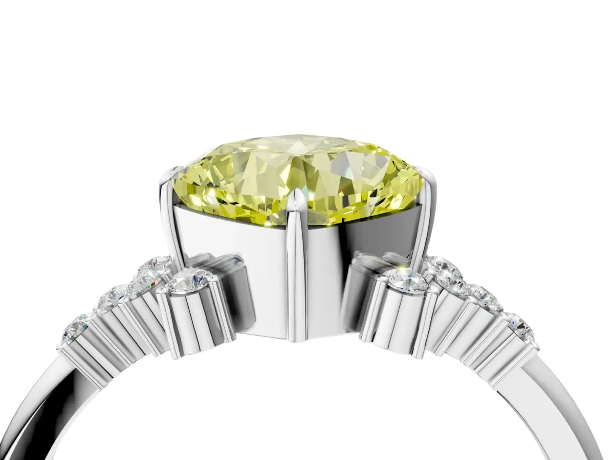 Fancy Yellow Cushion Cut Diamond Ring with Side Stones and Four-Prong Setting Silver