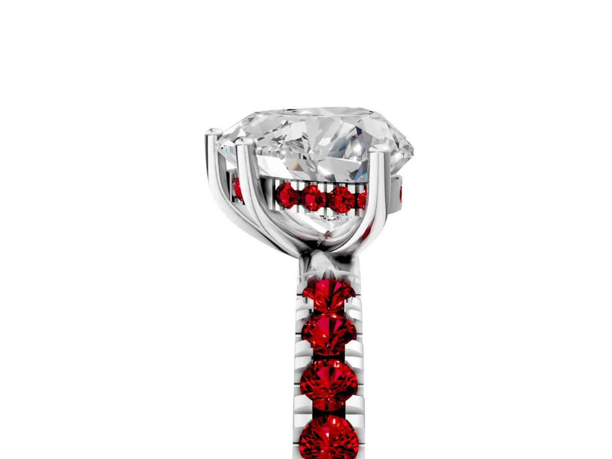 Heart Cut Diamond Pave Band Solitaire Ring with Round Ruby and Prong Setting Platinum