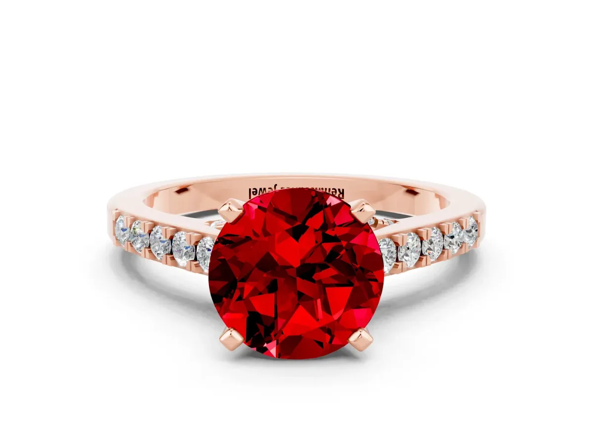 Round Cut Ruby Solitaire Ring with Crossover Gallery and Round Pavé Band Rose gold