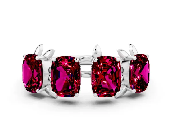 Four-Stone Elongated Cushion Garnet Band with Nature-Inspired Prong Setting Platinum