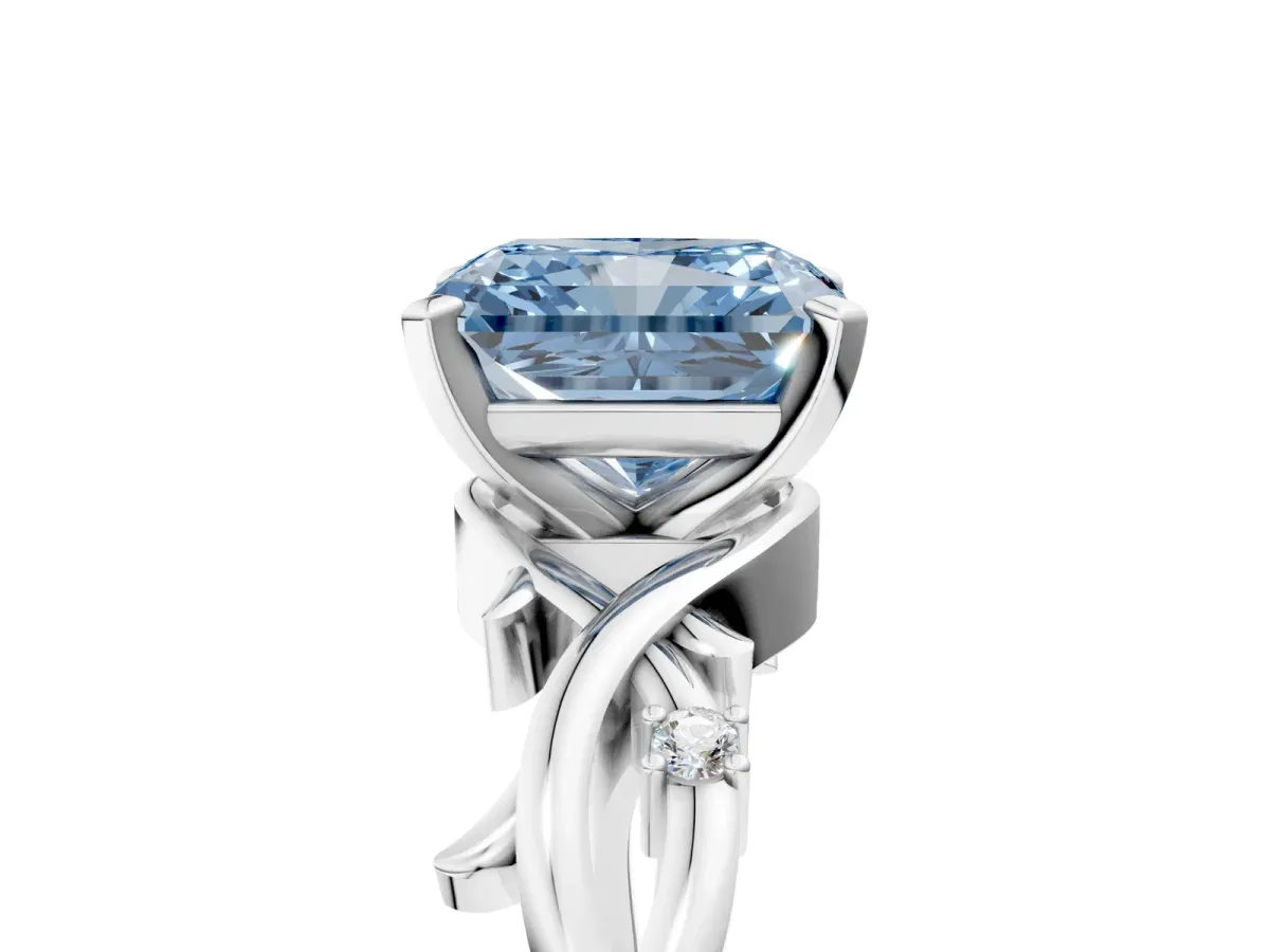 Fancy Blue Radiant Cut Diamond Solitaire Ring with Twisted Band and Prong Setting Platinum