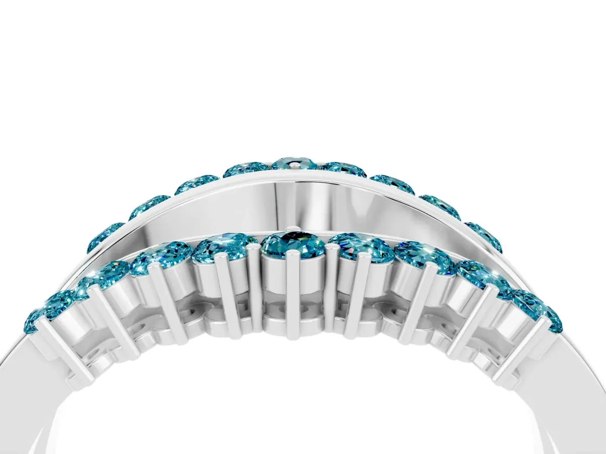 Round Blue Topaz Chevron Contour Band with Prong Setting Silver