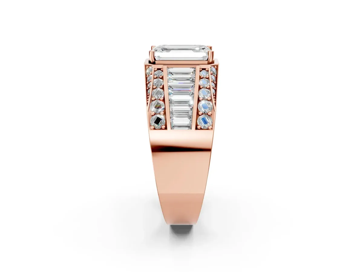 Emerald Cut Diamond Mens Ring with Baguette Side Stones Rose gold