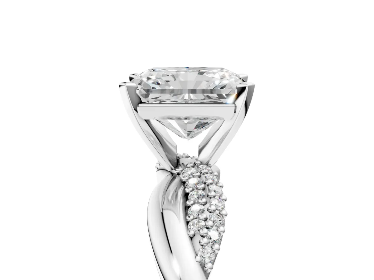 Radiant Cut Solitaire Twist Band with Pave Prong Setting Platinum