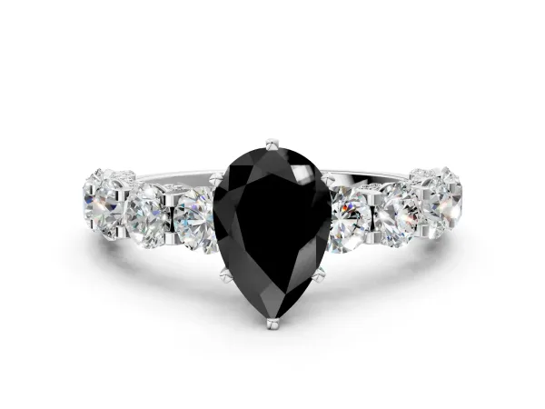 Fancy Black Pear Cut Diamond Side Stone Engagement Ring with Four-Prong Setting White gold
