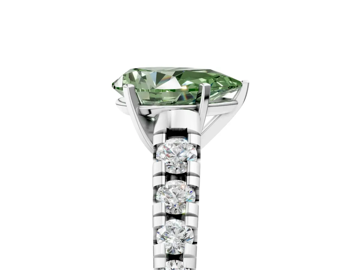 Fancy Green Pear Cut Diamond Cathedral Solitaire Ring with Round Pavé Band Silver