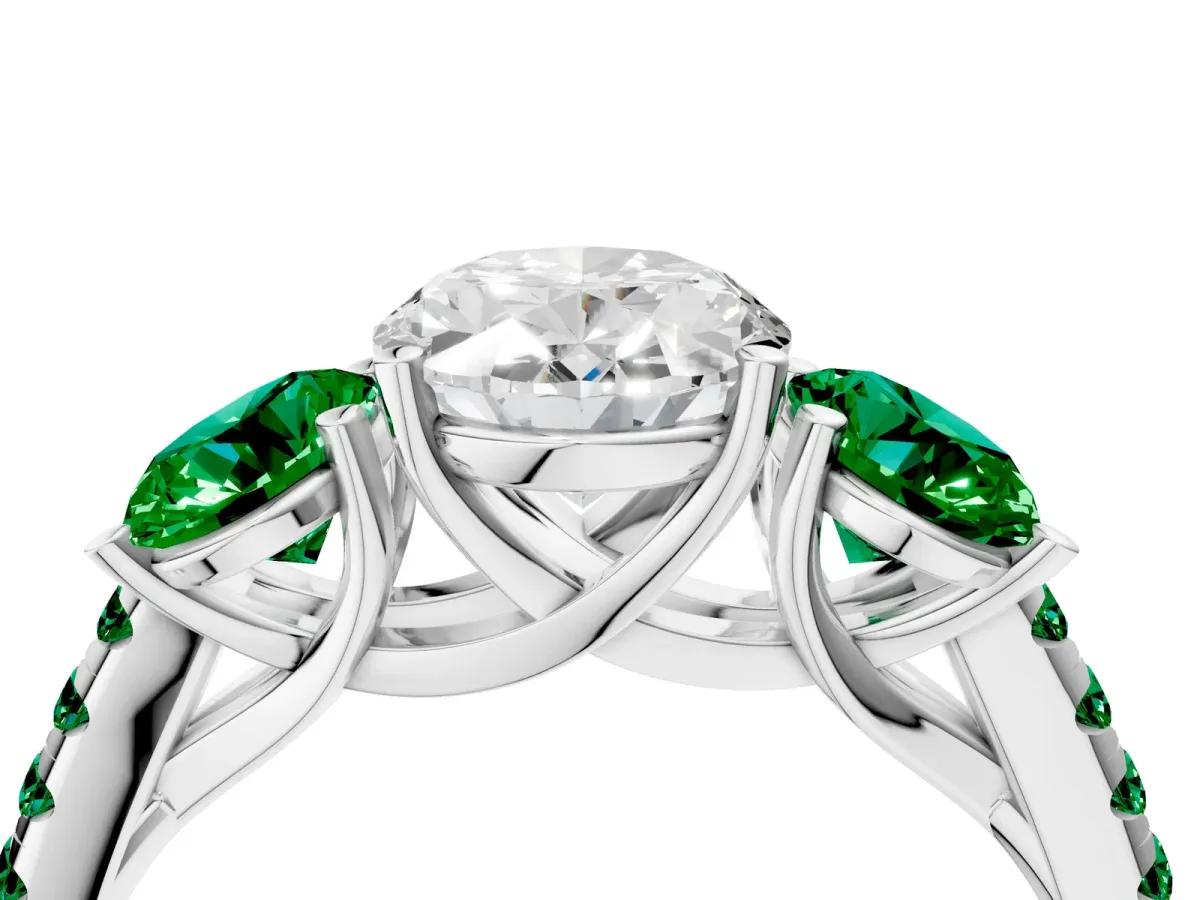 Three-Stone Oval Cut Diamond Ring with Round Emerald Pavé Band and Prong Setting Silver