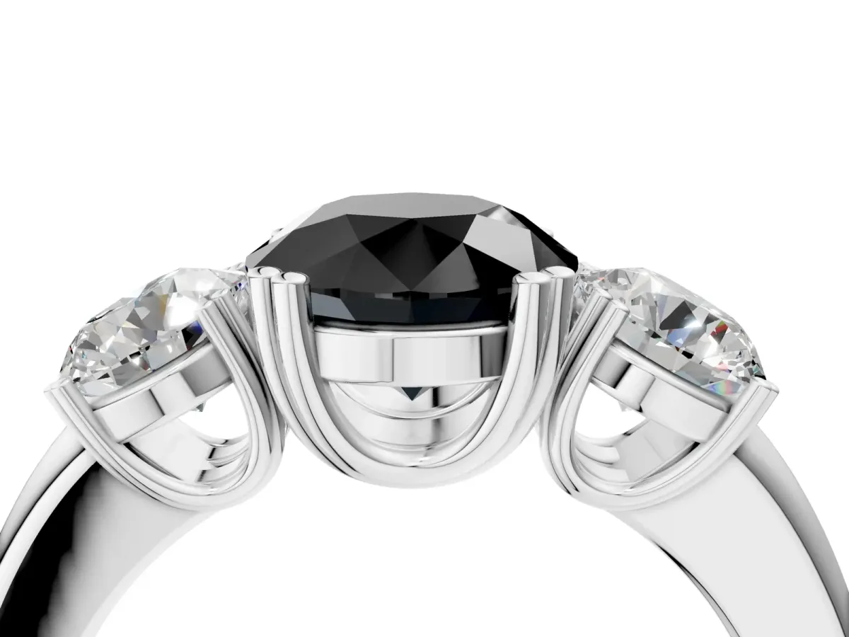 Fancy Black Three-Stone Round Cut Cut Diamond Ring with Channel Set Band and Four-Prong Setting Silver