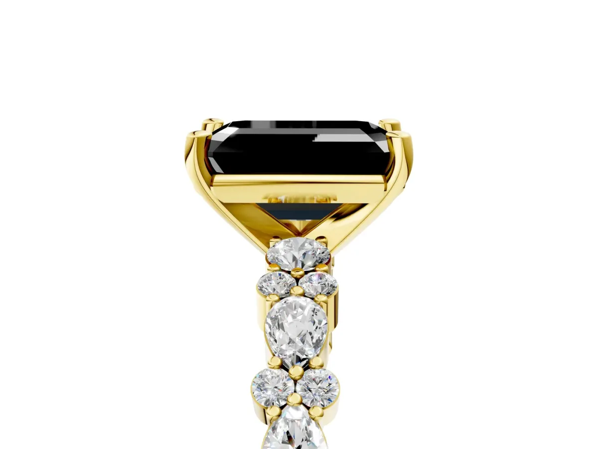 Fancy Black Emerald Cut Diamond Side Stone Solitaire Ring with Round and Four-Prong Setting Yellow gold