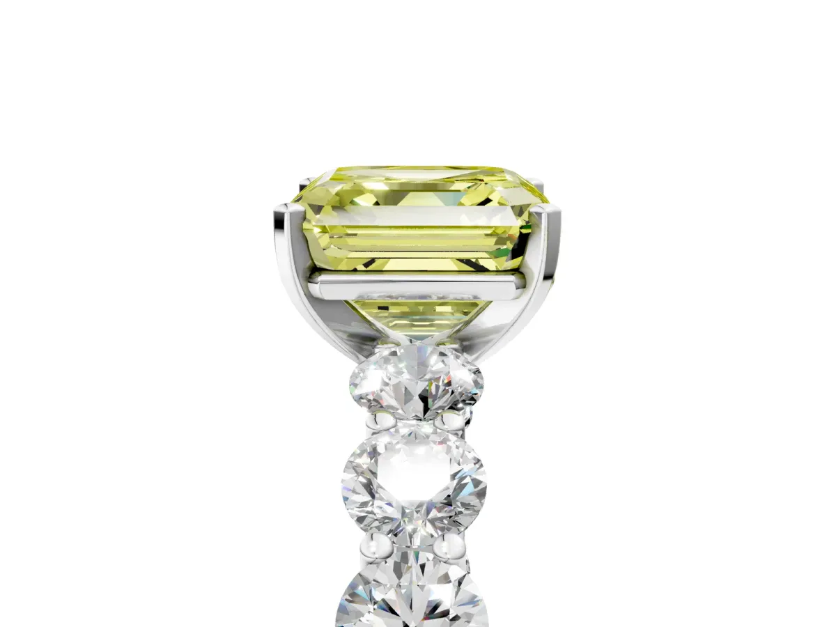 Fancy Yellow Asscher Cut Diamond Prong Setting with Side Stones on a Pave Band Silver
